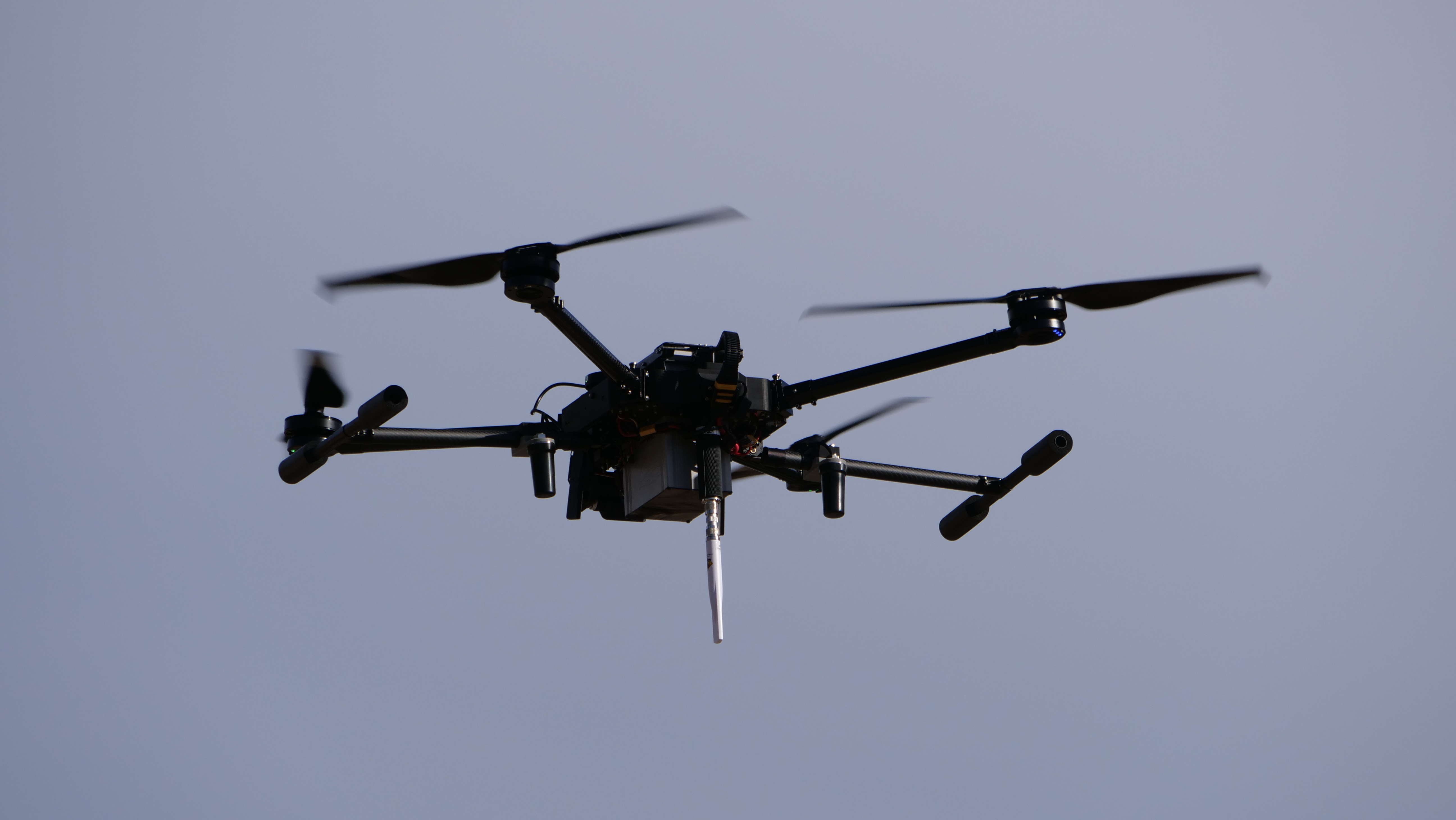 Hexacopter drone in flight